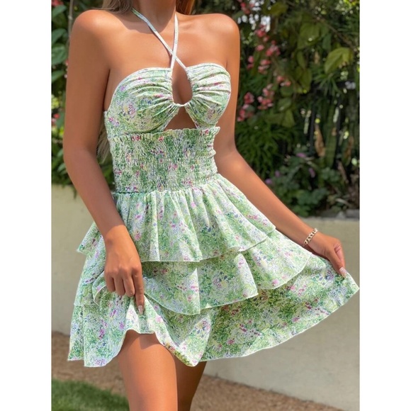 Alizey Floral Print Shirred Waist Cut Out Tie Backless Layered Hem Halter Dress - Picture 3 of 7